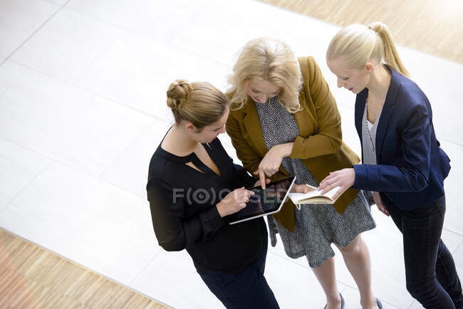 Tres jóvenes empresarias apuntando a la tableta digital en la oficina - foto de stock