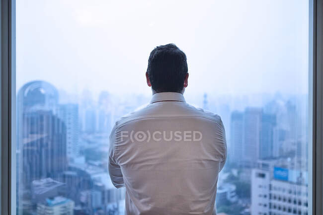 Вид ззаду бізнесмена, який дивиться через вікно на міський пейзаж — стокове фото