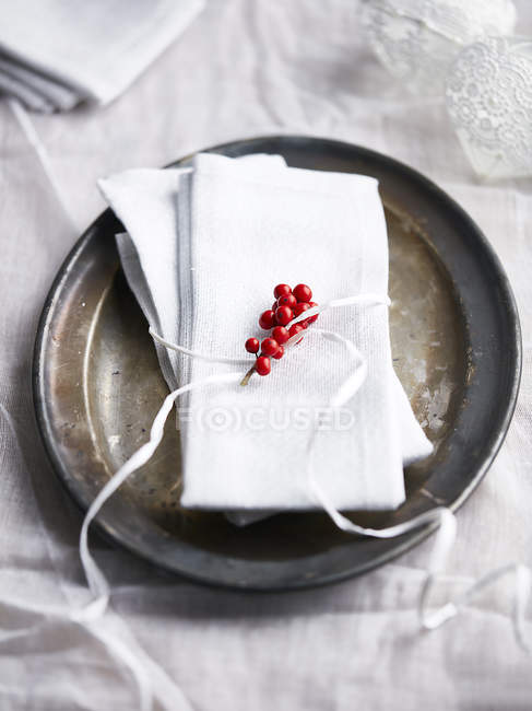 Tovaglioli su piatto con bacche rosse, primo piano — Foto stock