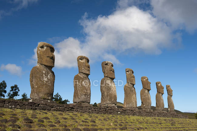 Низкий угол обзора статуй Аху Акиви Моаи на холме, Рапа Нуи, остров Пасхи, Чили — стоковое фото