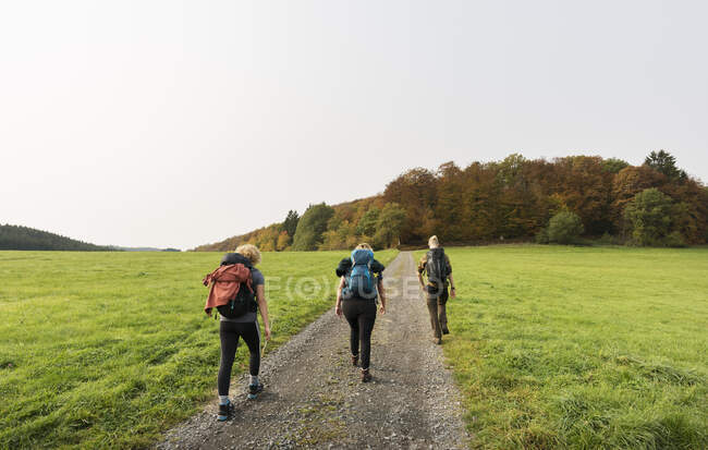 Excursionismo familiar juntos, Meerfeld, Rheinland-Pfalz, Alemania - foto de stock