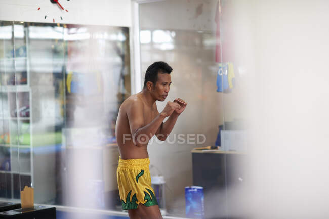 Середній дорослий чоловік боксер практикує в спортзалі — стокове фото