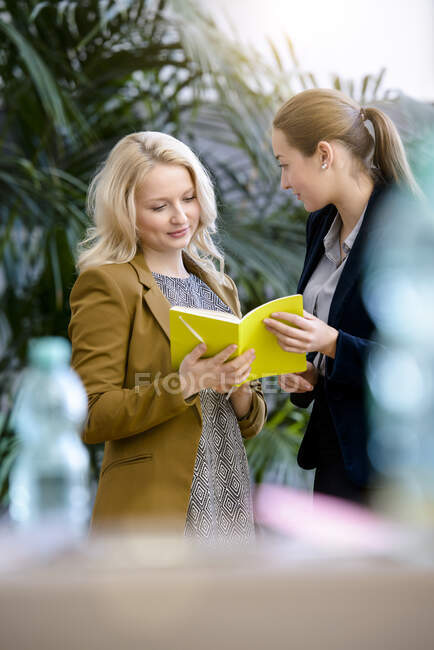 Deux jeunes femmes d'affaires regardant un cahier au bureau — Photo de stock