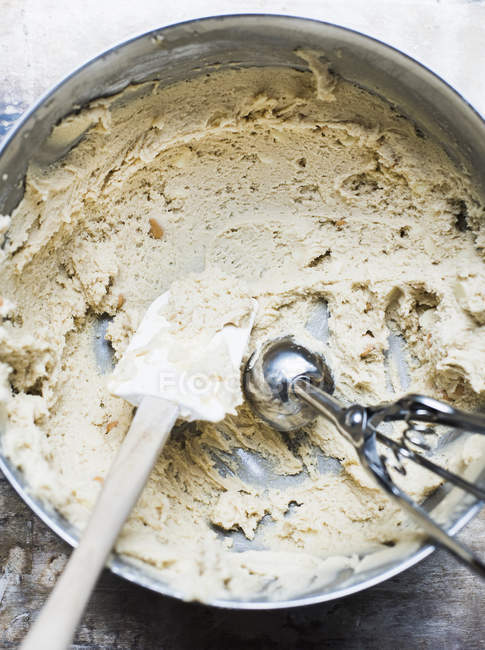 Top view of Raw cookies dough in metal bowl — Stock Photo
