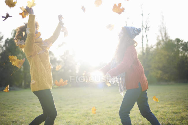 Вид сбоку друзей, бросающих осенние листья в воздух — стоковое фото