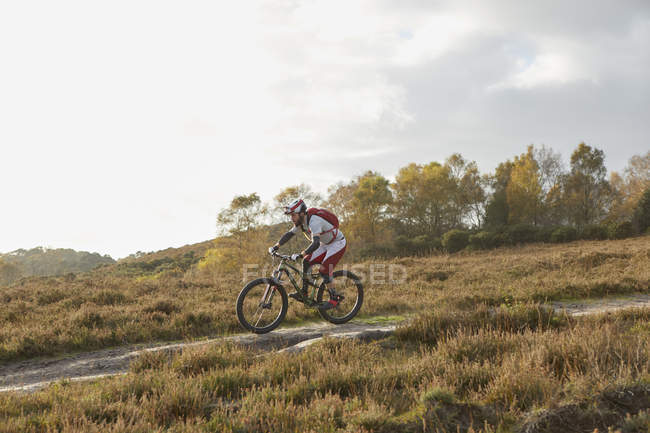 Male mountain biker riding down on moorland track — Stock Photo