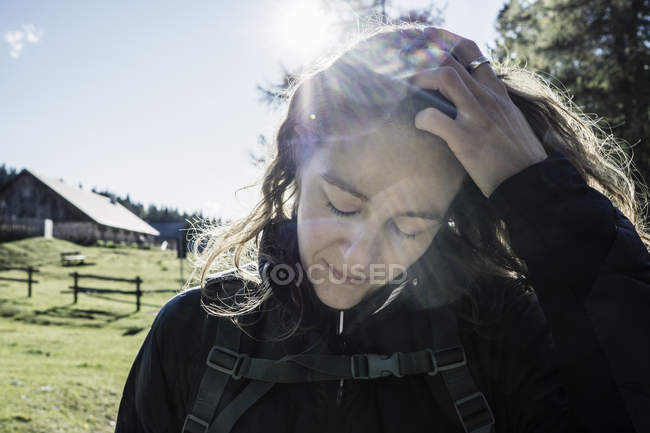 Portrait of female hiker, Madonna di Pietralba, Trentino-Alto Adige, Italy, Europe — Stock Photo