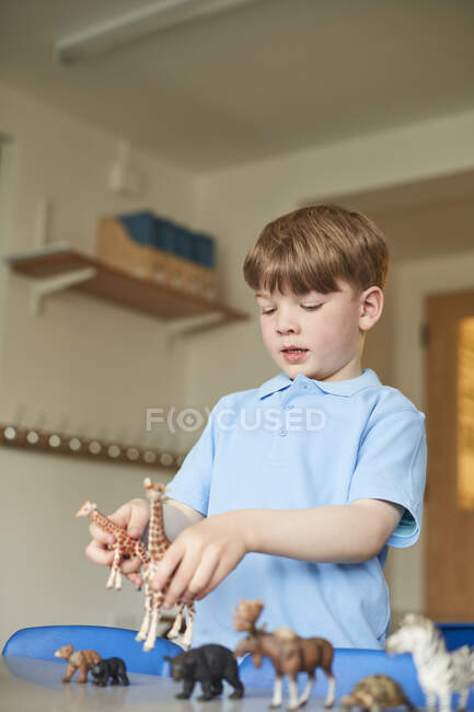 Schoolboy playing with toy animals in classroom at primary school — Stock Photo
