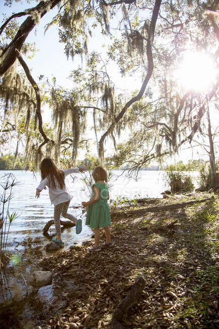Chicas jugando bajo el árbol por el lago, Orlando, Florida, Estados Unidos, América del Norte - foto de stock