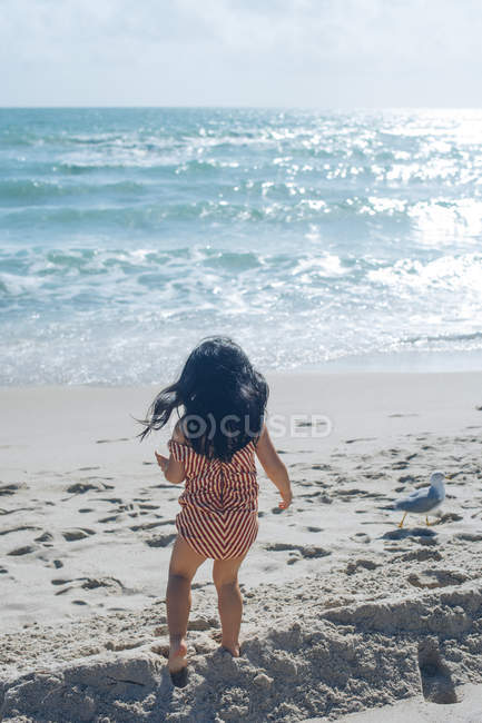 Vista posteriore della bambina in piedi sulla spiaggia — Foto stock