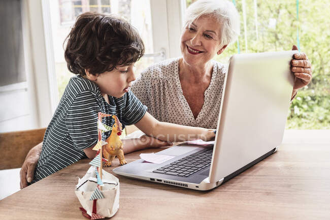 Бабуся і онук сидять за столом, використовуючи ноутбук — стокове фото