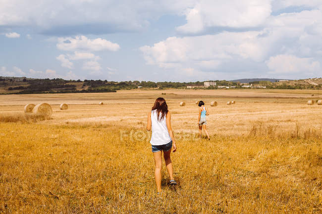 Вид сзади на женщин, идущих по пшеничному полю — стоковое фото