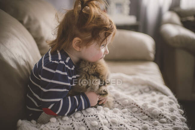 Молода дівчина сидить на дивані, обіймаючи собаку — стокове фото