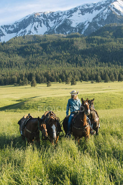 Teenage girl leading four horses by snow capped mountain, Enterprise, Oregon, United States, North America — Stock Photo