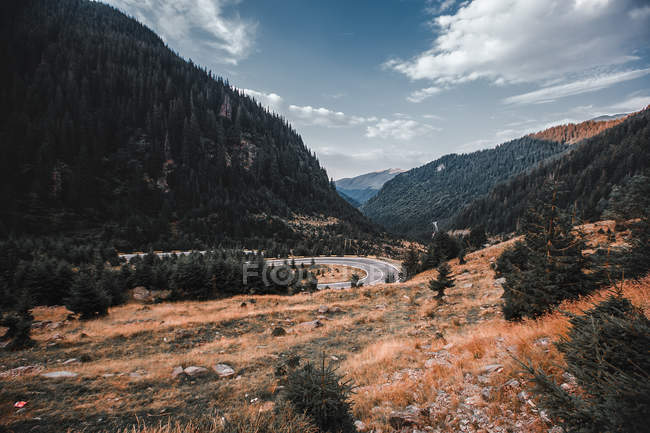 Autostrada vuota tra le montagne foresta — Foto stock