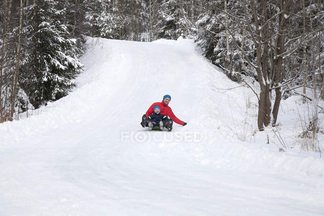 Homem e filho tobogã descendo colina na floresta coberta de neve — Fotografia de Stock