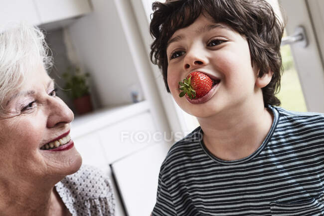 Nieto comiendo fresa, abuela sentada a su lado, sonriendo - foto de stock