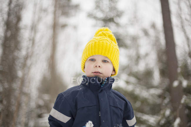 Menino em chapéu de malha amarelo na floresta coberta de neve — Fotografia de Stock