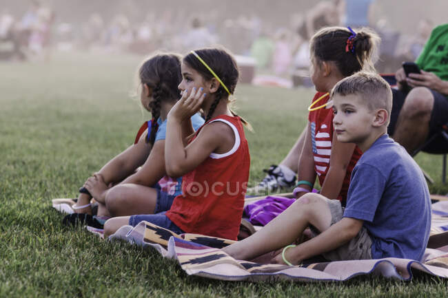 Groupe d'adultes et d'enfants, assis à l'extérieur, pendant les célébrations du 4 juillet — Photo de stock