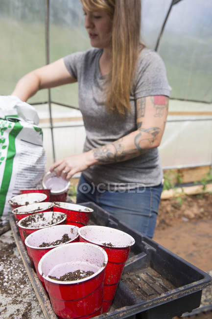 Femme en serre remplissant les tasses en plastique avec du compost — Photo de stock