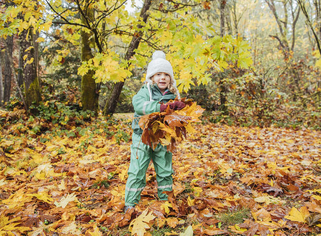 Chica jugando con hojas de otoño - foto de stock
