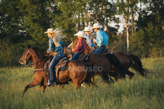 Grupo de personas a caballo en el campo - foto de stock