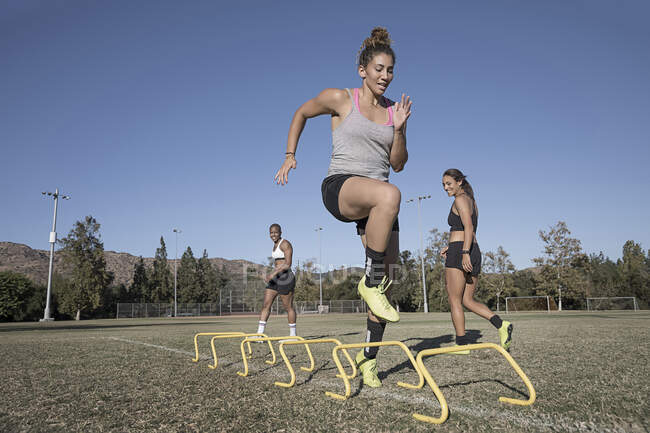 Mulher pulando sobre obstáculos agilidade — Fotografia de Stock