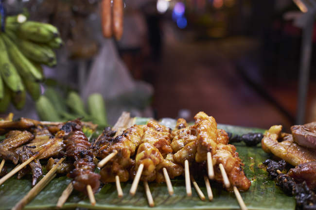 Meat skewers on stall in market, Phuket, Thailand, Asia — Stock Photo