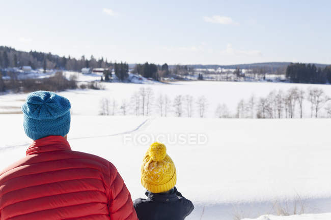 Visão traseira de homem e filho olhando para a paisagem de inverno — Fotografia de Stock