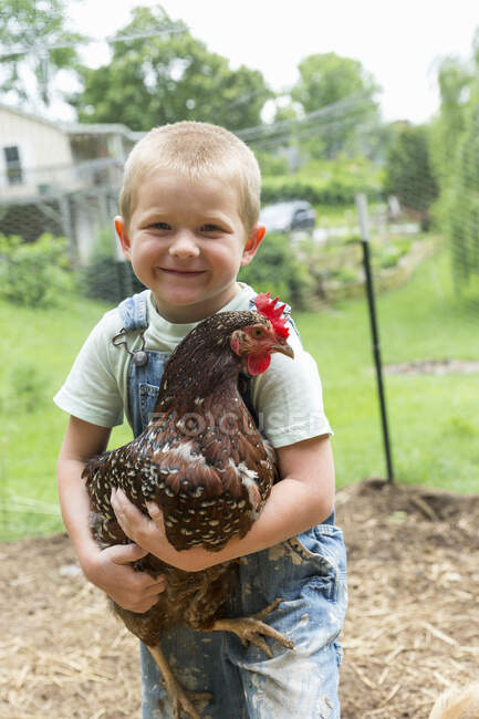 Niño sosteniendo gallina moteada mirando a la cámara sonriendo - foto de stock