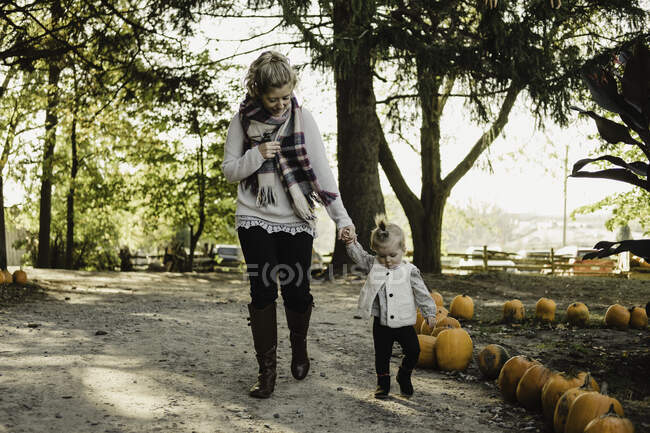 Madre caminando con su hija pequeña en un entorno rural - foto de stock