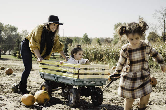 Мати й доньки бавляться разом у гарбузовій патчі, а молоду дівчину тягне у візку. — стокове фото