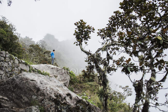 Hombre subiendo la montaña Machu Picchu en Machu Picchu, Perú - foto de stock