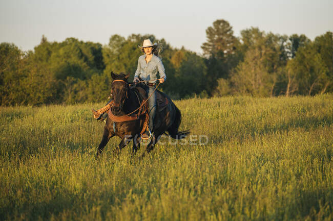 Junge Frau reitet Pferd in Feld — Stockfoto