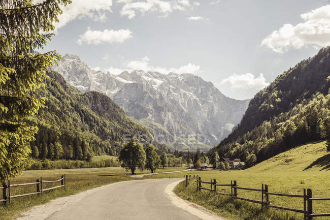 Vista paisagem da estrada rural no vale e montanhas, Mozirje, Brezovica, Eslovénia — Fotografia de Stock
