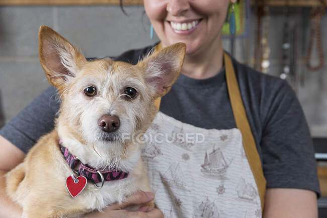 Jewellery maker holding pet dog, in workshop, mid section — Stock Photo