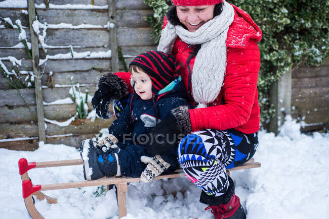 Мать и сын в снегу на санках — стоковое фото