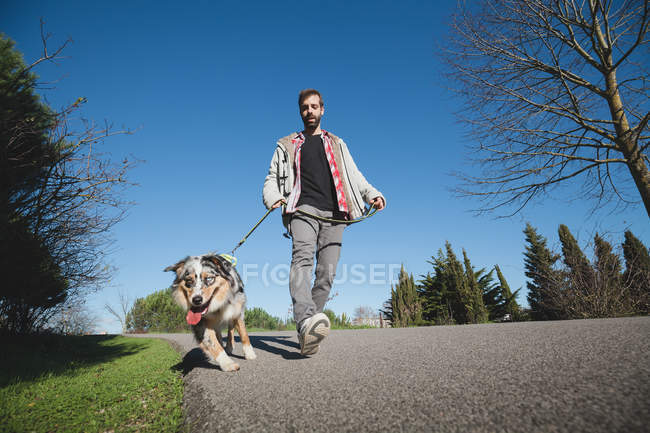Low angle view of man walking with dog in city park — Stock Photo