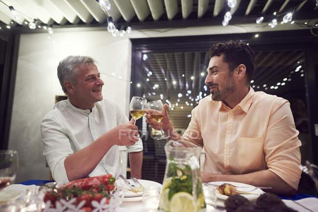 Two men sitting at dinner table, holding wine glasses, making toast — Stock Photo