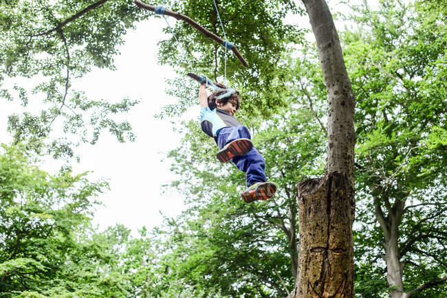 Jovem balançando no balanço de árvore caseiro, visão de baixo ângulo — Fotografia de Stock