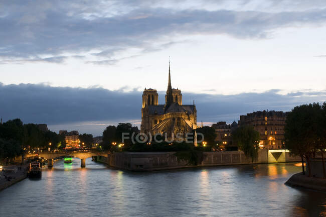 Cathédrale Notre-Dame de Paris à la tombée de la nuit, Paris, France — Photo de stock