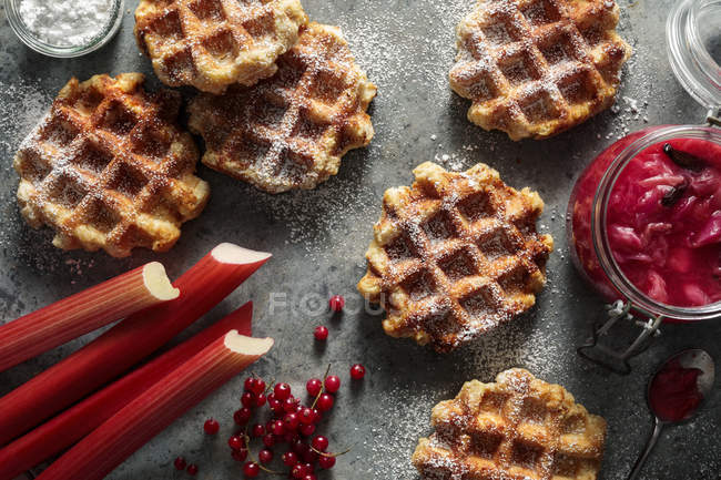 Waffle com compota de ruibarbo de morango, groselhas e açúcar em pó — Fotografia de Stock