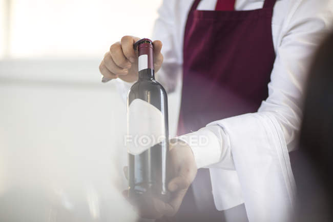Vista de sección media de camarero mostrando botella de vino a comensal en restaurante - foto de stock
