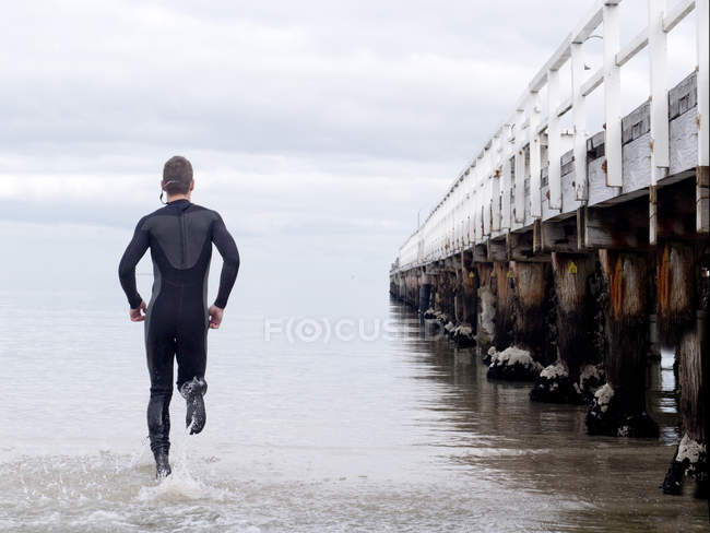 Rear view of man in wet suit running into sea by pier, Melbourne, Victoria, Australia, Oceania — Stock Photo