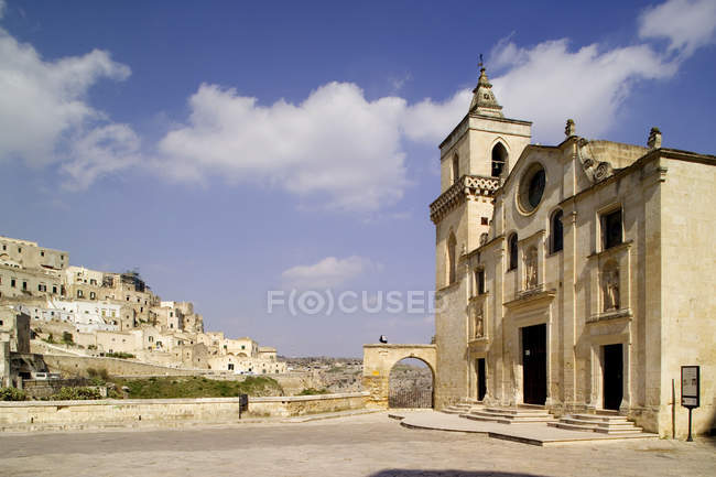 Cityscape and church facade, Matera, Basilicata, Italy — Stock Photo