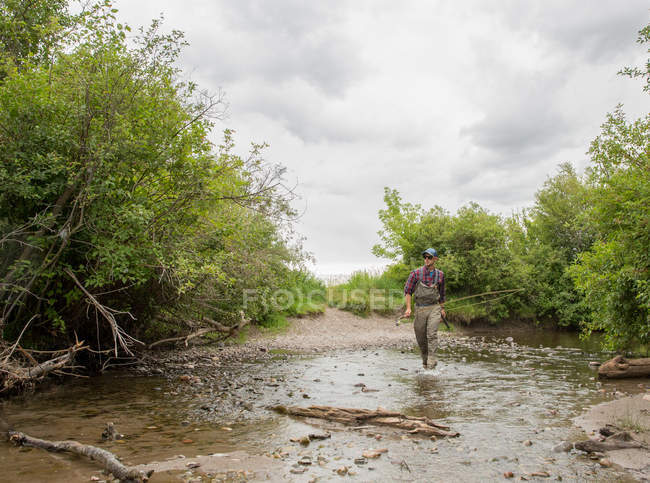 Mann, der mit Angelrute, Holzgabel, Berg auf Fluss geht — Stockfoto