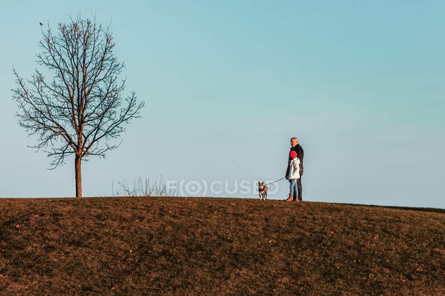 Отец и дочь выгуливают собаку на склоне холма — стоковое фото