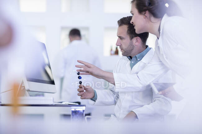 Trabajadores de laboratorio mirando la pantalla de la computadora - foto de stock