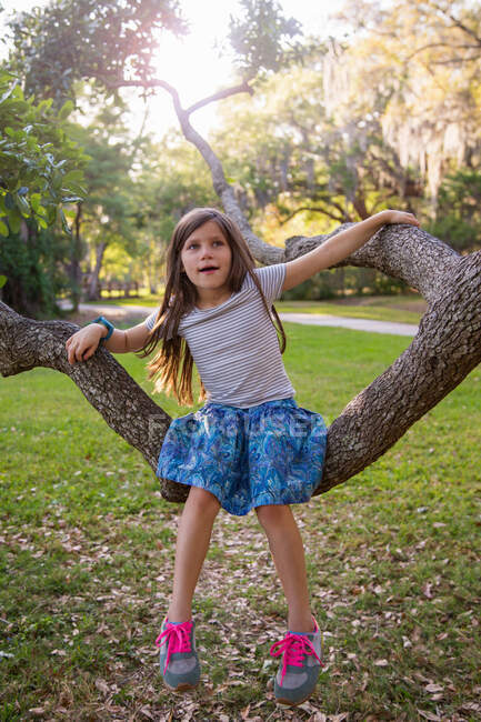 Retrato de menina, ao ar livre, sentado no galho da árvore — Fotografia de Stock