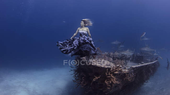 Underwater view of woman in purple dress poised by shipwrecked boat, Bahamas — Stock Photo